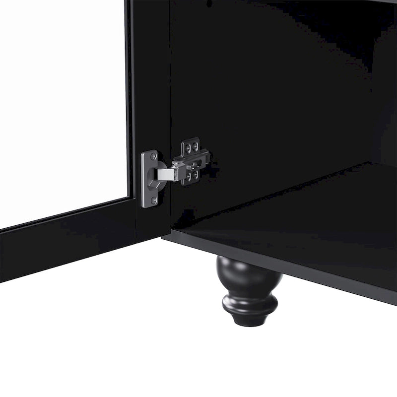 Black + Dark Walnut Farmhouse TV Entertainment Center with Bookshelves & Glass Doors for 70 TVs