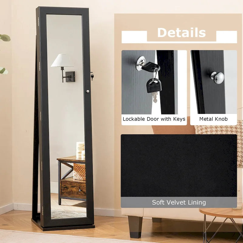 Costway Mirrored Jewelry Cabinet Armoire Lockable Standing Storage - Black - See Details