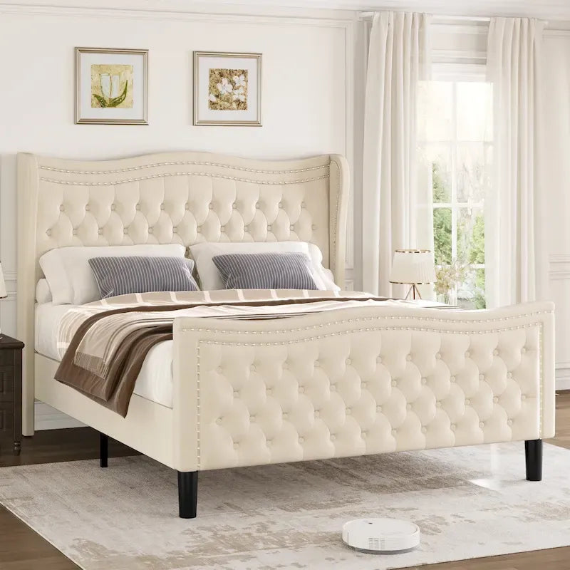Modern Style Velvet Platform Bed with Upholstered Headboard for Bedroom