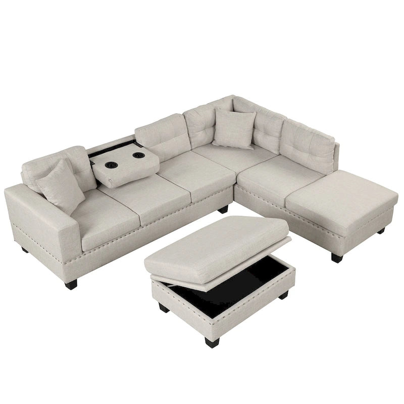 Grey 105 L-Shaped 7-Seat Modern Sectional Sofa with 2 Cushions, Reversible Chaise, Storage Ottoman, and Cup Holders