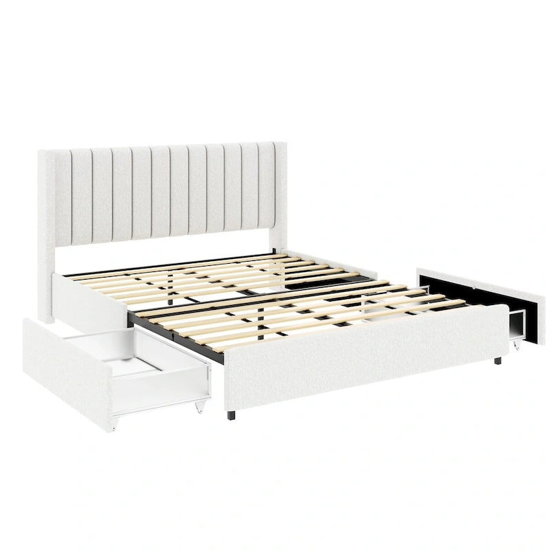Queen Size Boucle Upholstered Platform Bed with Drawer