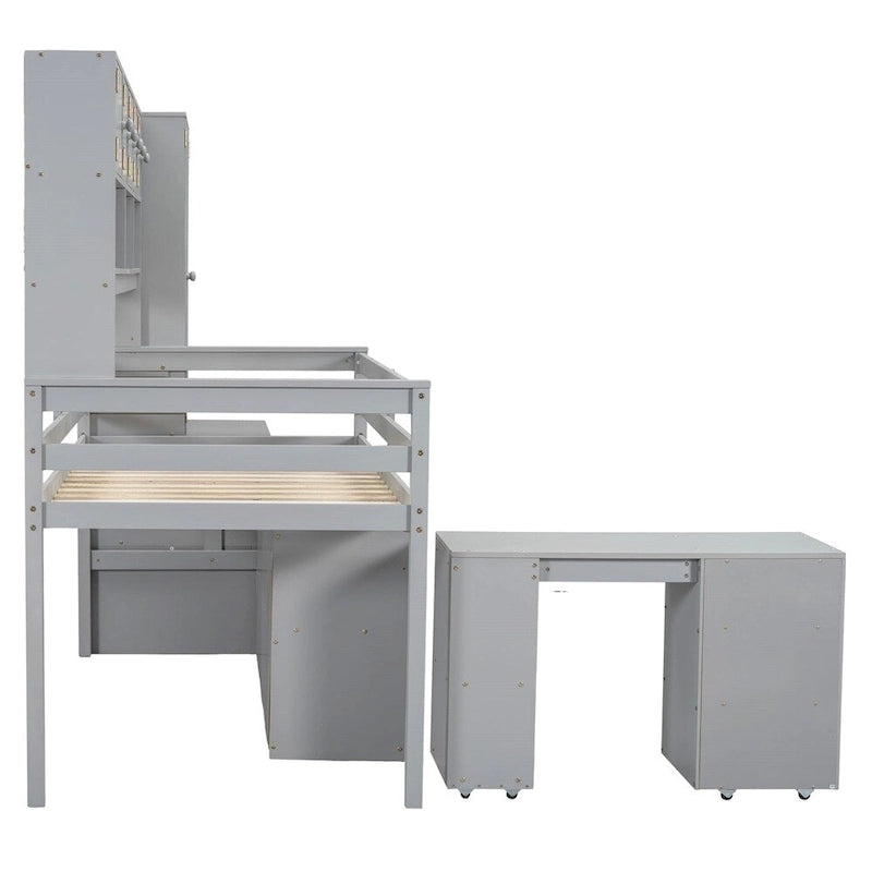 Twin Size Wooden Loft Bed Storage w/ Under-bed Desk, Drawers, Shelves