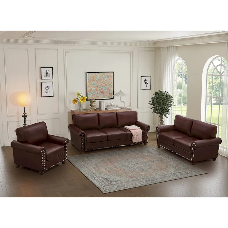 Living Room PU Sofa Set with Storage Sofa, 1+2+3 Sectional with Silver Nails and Solid Wood Legs