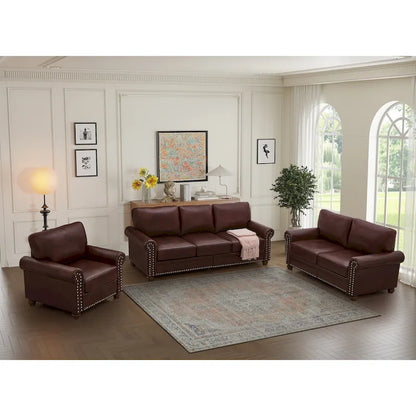 Living Room PU Sofa Set with Storage Sofa, 1+2+3 Sectional with Silver Nails and Solid Wood Legs
