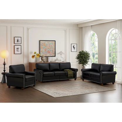 Living Room PU Sofa Set with Storage Sofa, 1+2+3 Sectional with Silver Nails and Solid Wood Legs