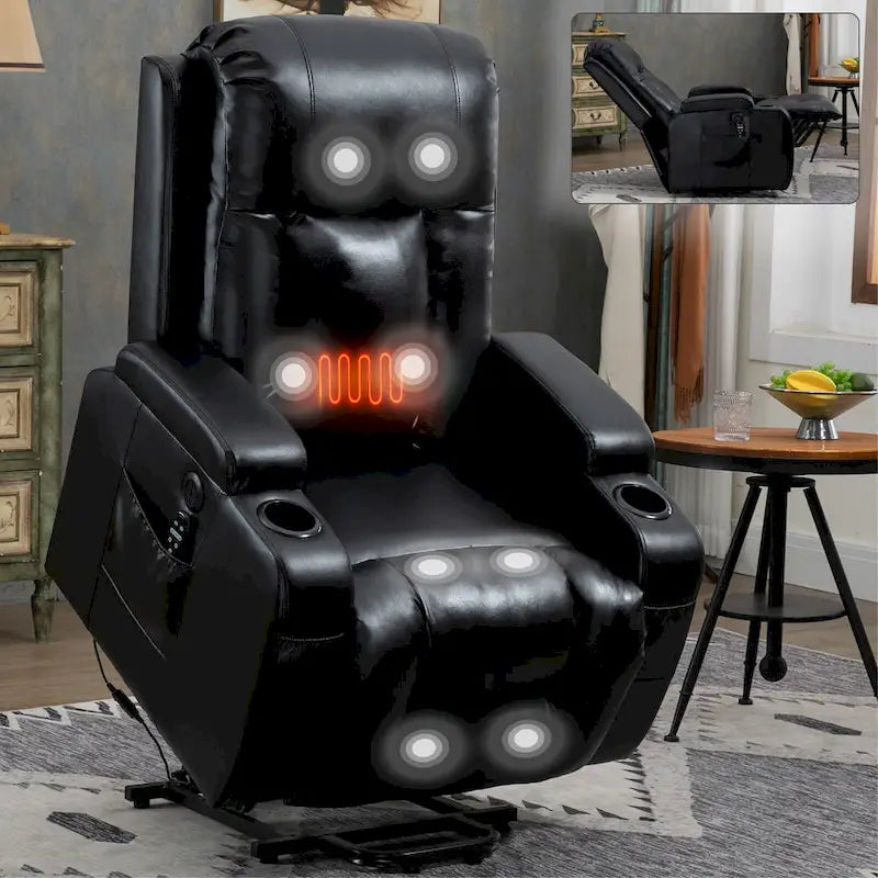 Black PU Leather Power Lift Recliner, 8-Point Massage, Heated, USB