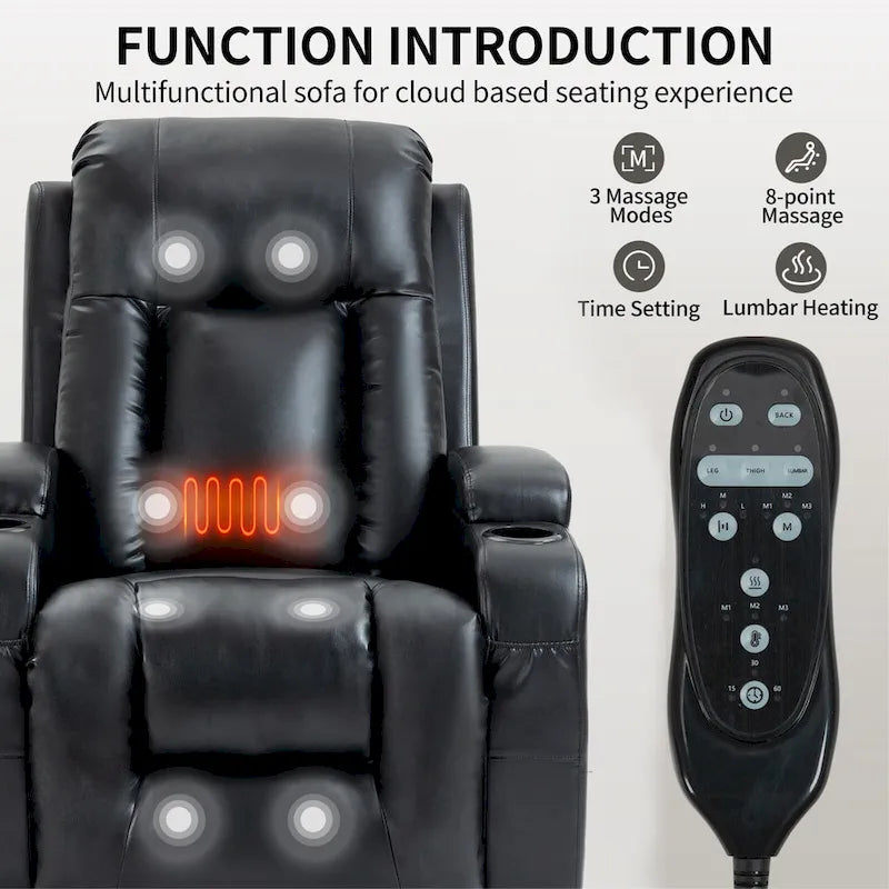 Black PU Leather Power Lift Recliner, 8-Point Massage, Heated, USB