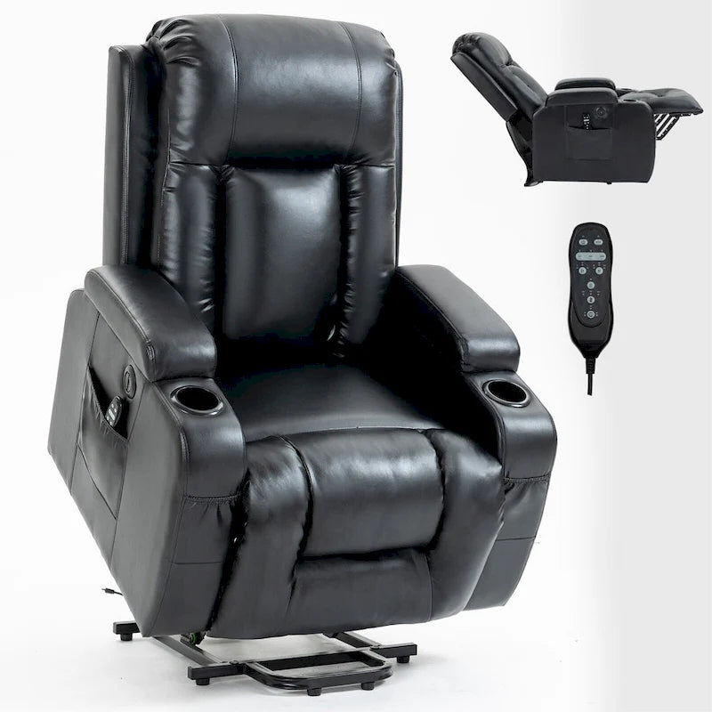 Black PU Leather Power Lift Recliner, 8-Point Massage, Heated, USB