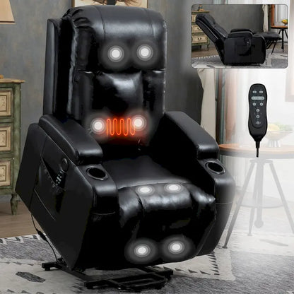 Black PU Leather Power Lift Recliner, 8-Point Massage, Heated, USB
