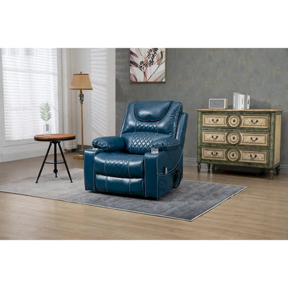 Blue Oversized PU Leather Power Lift Recliner with Massage, Heating, Lay Flat
