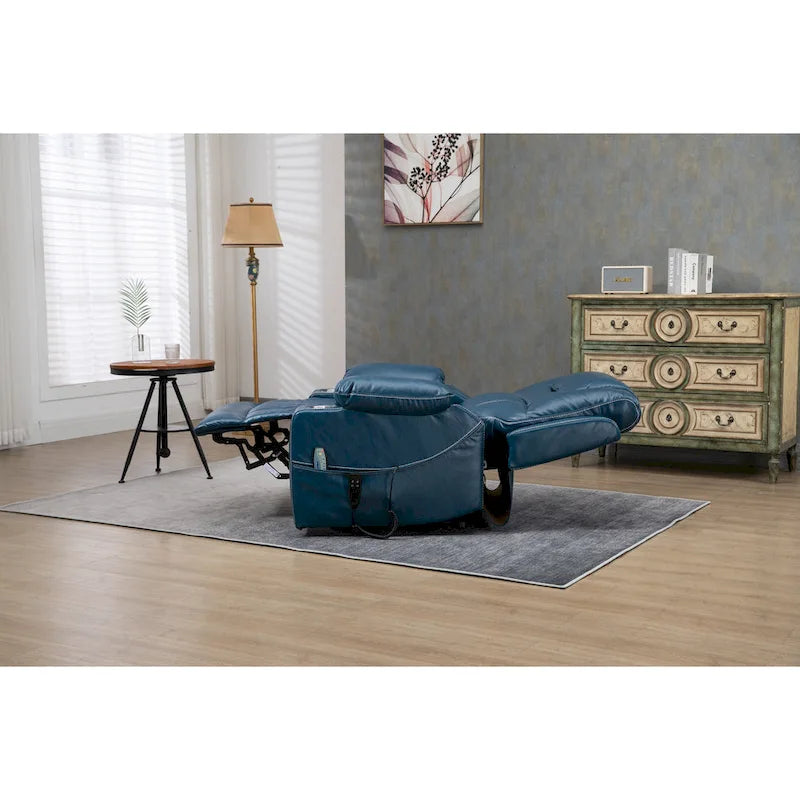 Blue Oversized PU Leather Power Lift Recliner with Massage, Heating, Lay Flat