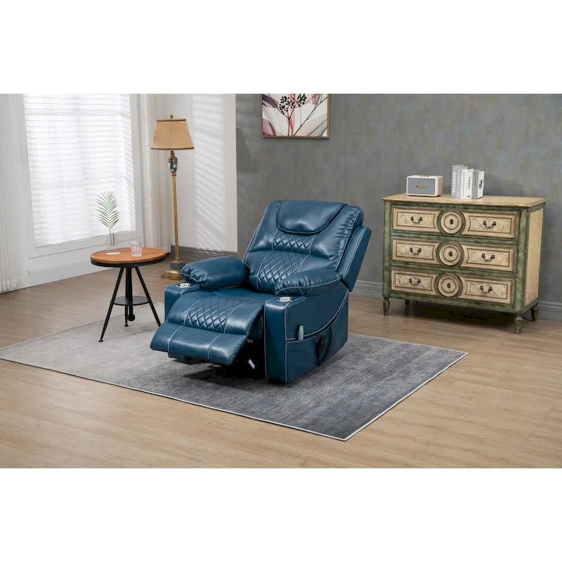 Blue Oversized PU Leather Power Lift Recliner with Massage, Heating, Lay Flat
