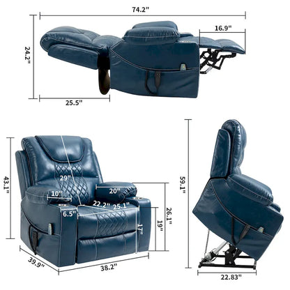 Blue Oversized PU Leather Power Lift Recliner with Massage, Heating, Lay Flat