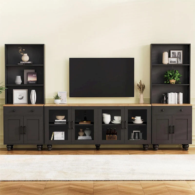 Black + Dark Walnut Farmhouse TV Entertainment Center with Bookshelves & Glass Doors for 70 TVs