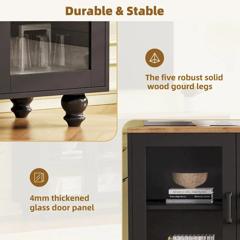 Black + Dark Walnut Farmhouse TV Entertainment Center with Bookshelves & Glass Doors for 70 TVs