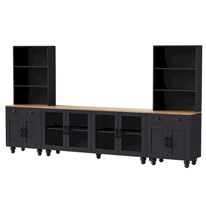 Black + Dark Walnut Farmhouse TV Entertainment Center with Bookshelves & Glass Doors for 70 TVs