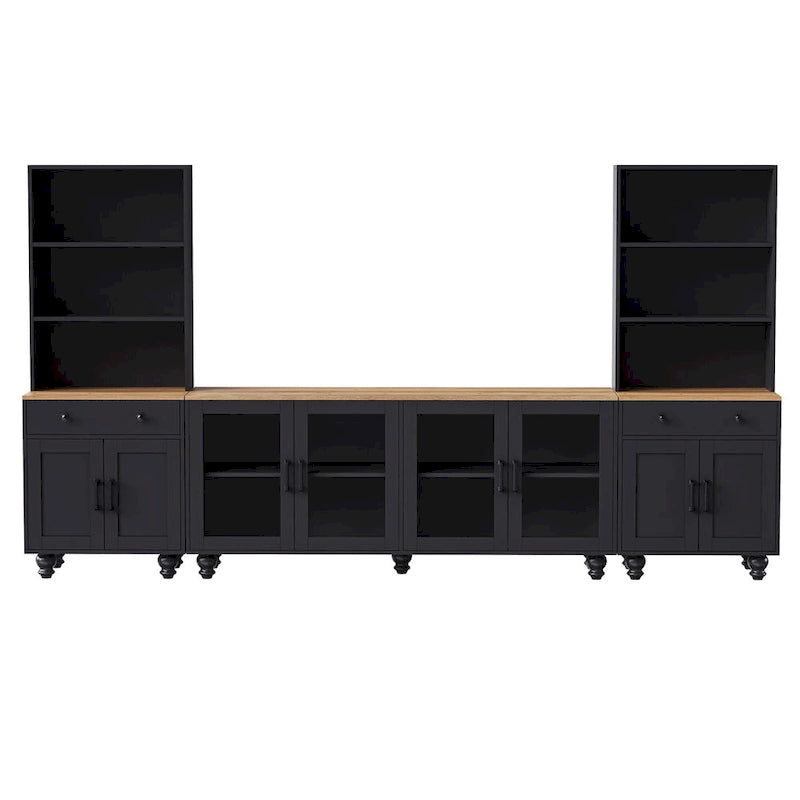 Black + Dark Walnut Farmhouse TV Entertainment Center with Bookshelves & Glass Doors for 70 TVs