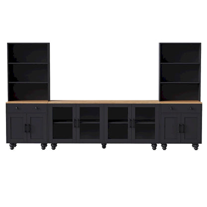 Black + Dark Walnut Farmhouse TV Entertainment Center with Bookshelves & Glass Doors for 70 TVs