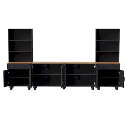 Black + Dark Walnut Farmhouse TV Entertainment Center with Bookshelves & Glass Doors for 70 TVs