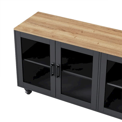 Black + Dark Walnut Farmhouse TV Entertainment Center with Bookshelves & Glass Doors for 70 TVs