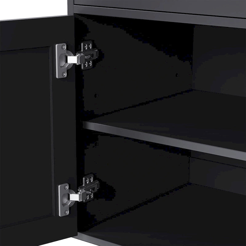 Black + Dark Walnut Farmhouse TV Entertainment Center with Bookshelves & Glass Doors for 70 TVs