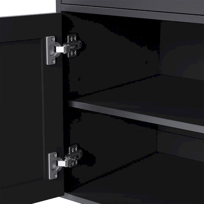 Black + Dark Walnut Farmhouse TV Entertainment Center with Bookshelves & Glass Doors for 70 TVs