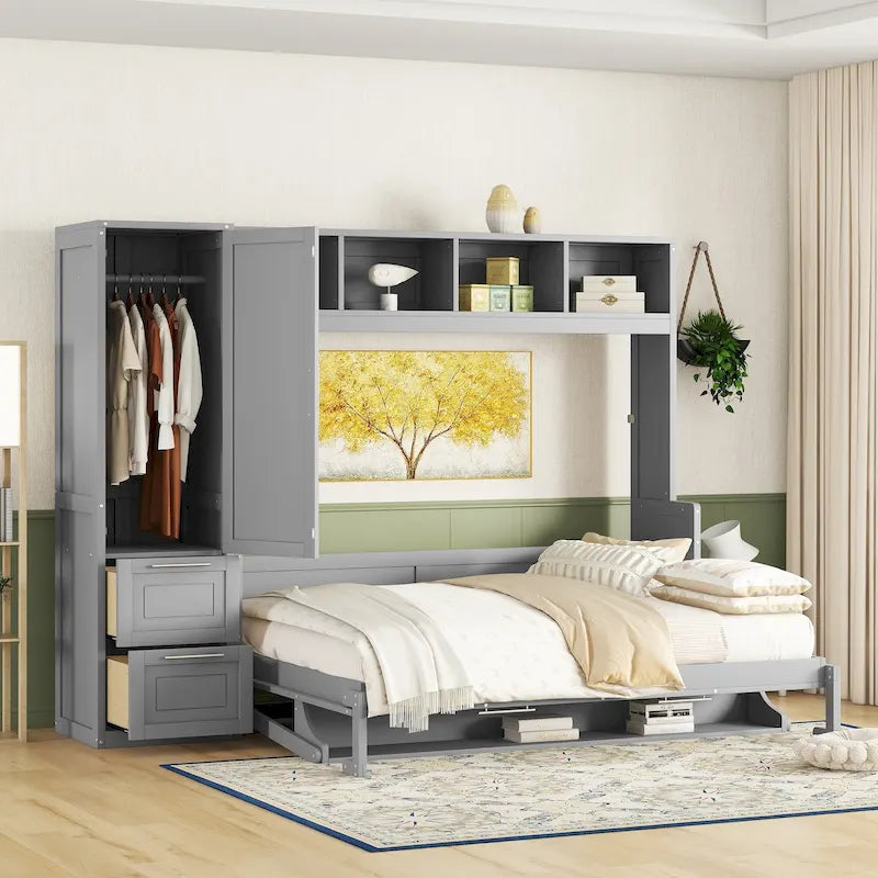 Queen Size Murphy Bed Wall Bed with Closet and Drawers