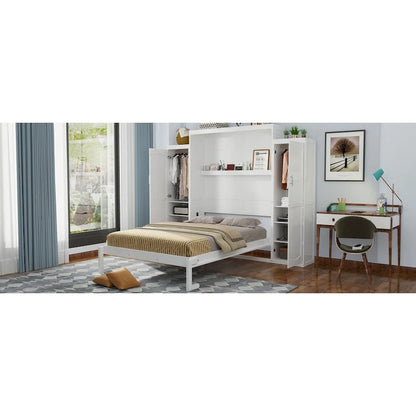 Full Size Murphy Bed with Two Wardrobe and Storage Shelf