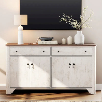 WAMPAT 59 Farmhouse TV Stand for 65 inch TV, Wood Entertainment Center with 2 Drawers and Storage Cabinets, Adjustable Shelves