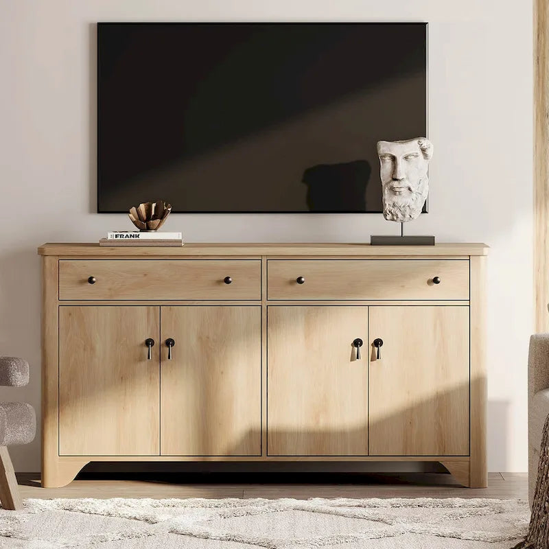 WAMPAT 59 Farmhouse TV Stand for 65 inch TV, Wood Entertainment Center with 2 Drawers and Storage Cabinets, Adjustable Shelves