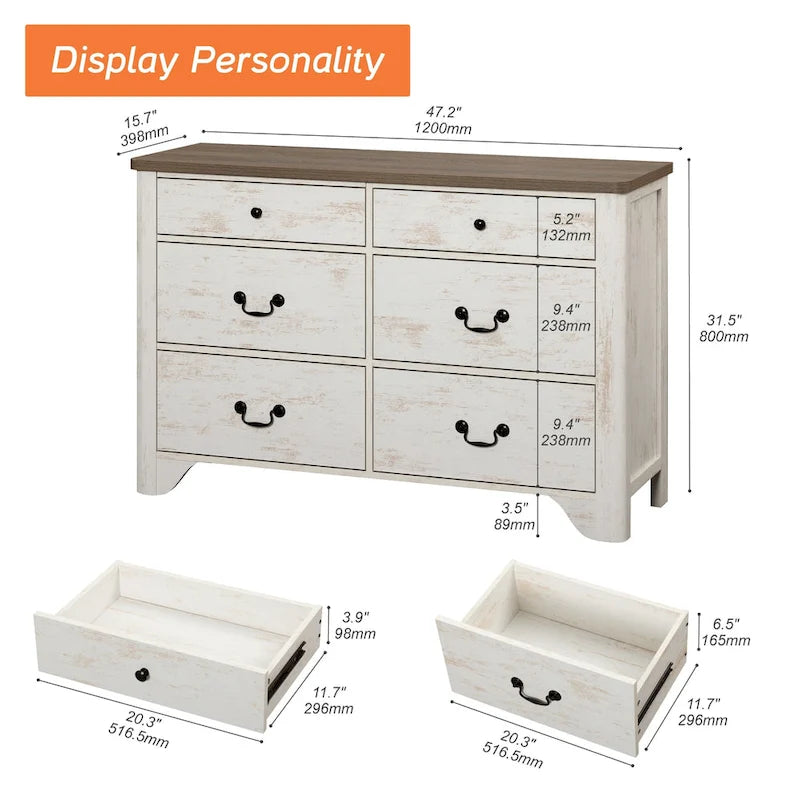 WAMPAT Farmhouse Dresser TV Stand with 6 Drawers for TVs up to 55 Inch, Wood Entertainment Center with Storage