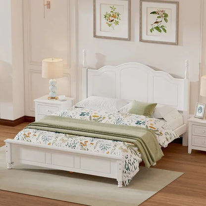Retro Style Queen Size Platform Bed, Wood Platform Bed Frame with Solid Wooden Slat Support & Curved Headboard Panel Bed