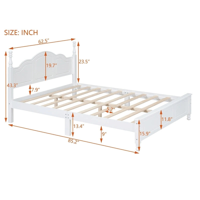 Retro Style Queen Size Platform Bed, Wood Platform Bed Frame with Solid Wooden Slat Support & Curved Headboard Panel Bed