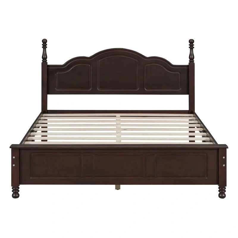 Retro Style Queen Size Platform Bed, Wood Platform Bed Frame with Solid Wooden Slat Support & Curved Headboard Panel Bed