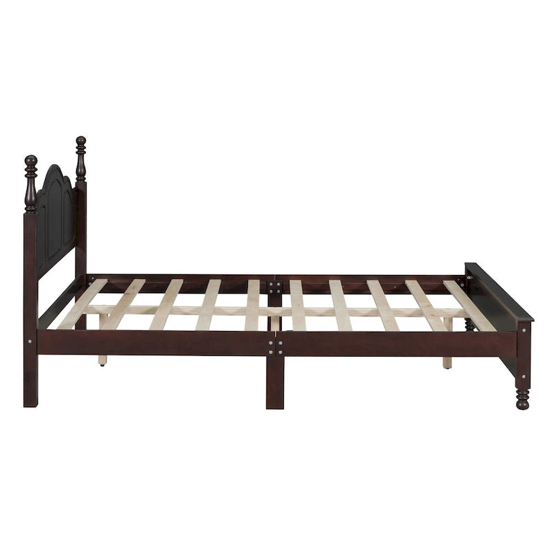 Retro Style Queen Size Platform Bed, Wood Platform Bed Frame with Solid Wooden Slat Support & Curved Headboard Panel Bed