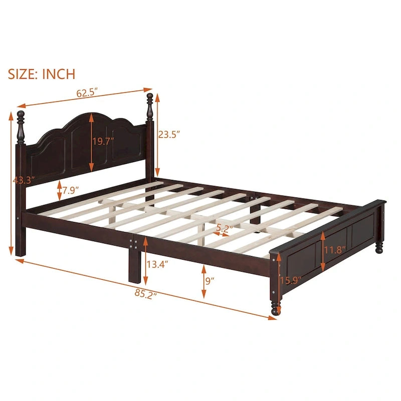 Retro Style Queen Size Platform Bed, Wood Platform Bed Frame with Solid Wooden Slat Support & Curved Headboard Panel Bed