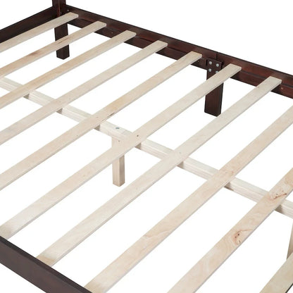Retro Style Queen Size Platform Bed, Wood Platform Bed Frame with Solid Wooden Slat Support & Curved Headboard Panel Bed