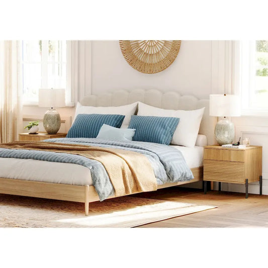 WAMPAT Fluted Nightstand with Charging Station,Modern Side Table with 2 Drawers