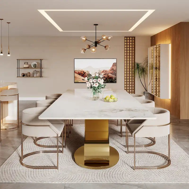 Luxury Rectangular Sintered Stone Dining Table with Stainless Steel Base for 8-10