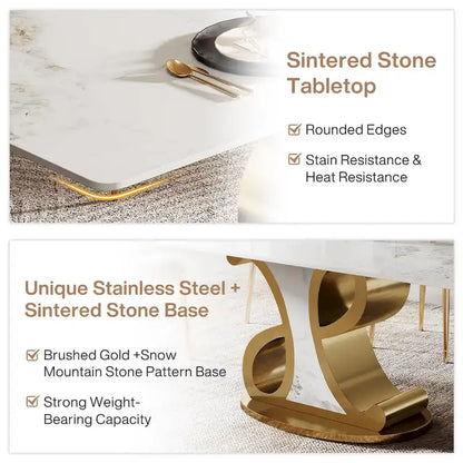 Luxury Rectangular Sintered Stone Dining Table with Stainless Steel Base for 8-10