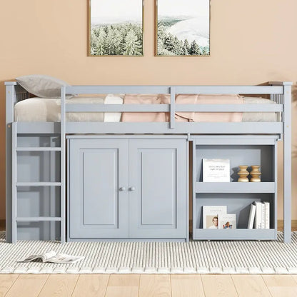 Twin Loft Bed with Pull-Out Desk, 2 Cabinets, 4 Drawers & Shelves
