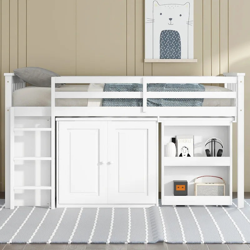 Twin Loft Bed with Pull-Out Desk, 2 Cabinets, 4 Drawers & Shelves