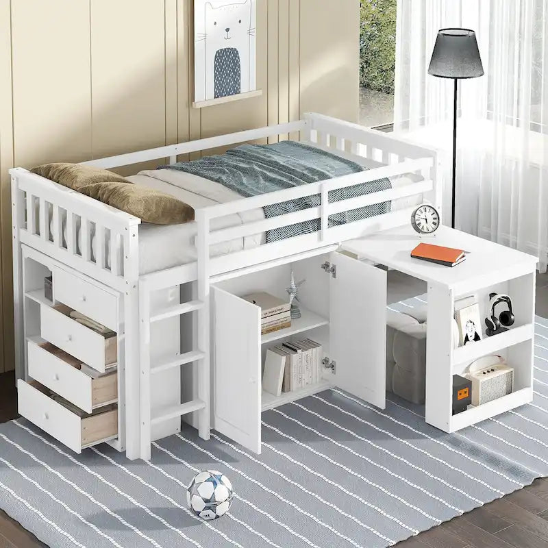 Twin Loft Bed with Pull-Out Desk, 2 Cabinets, 4 Drawers & Shelves