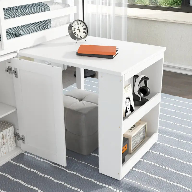 Twin Loft Bed with Pull-Out Desk, 2 Cabinets, 4 Drawers & Shelves