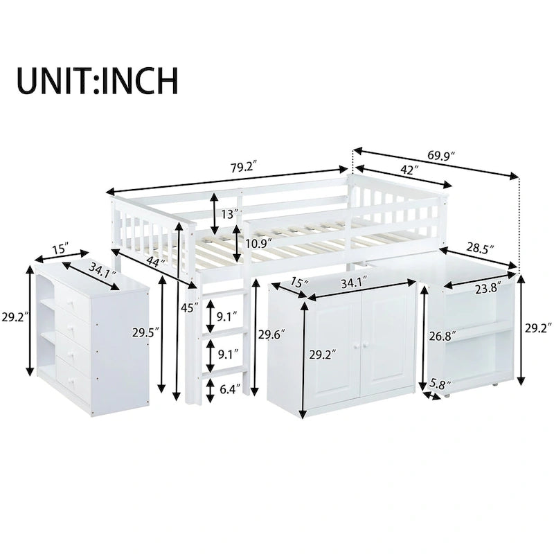 Twin Loft Bed with Pull-Out Desk, 2 Cabinets, 4 Drawers & Shelves