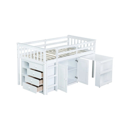Twin Loft Bed with Pull-Out Desk, 2 Cabinets, 4 Drawers & Shelves