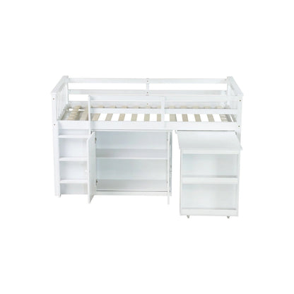 Twin Loft Bed with Pull-Out Desk, 2 Cabinets, 4 Drawers & Shelves