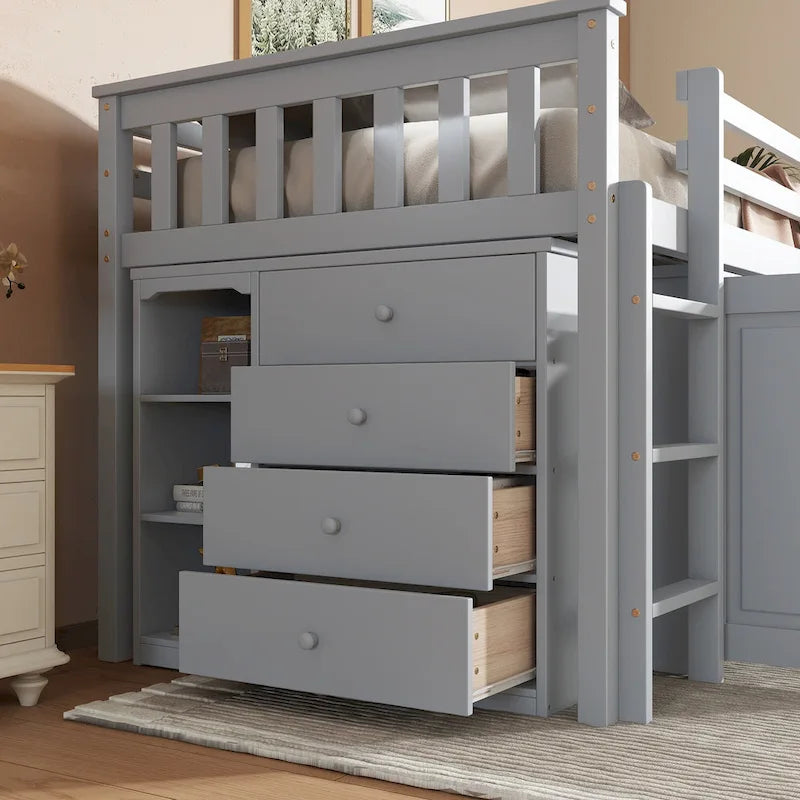 Twin Loft Bed with Pull-Out Desk, 2 Cabinets, 4 Drawers & Shelves