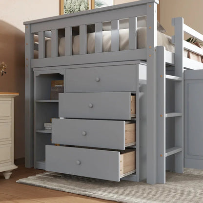 Twin Loft Bed with Pull-Out Desk, 2 Cabinets, 4 Drawers & Shelves