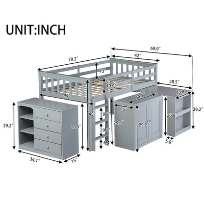 Twin Loft Bed with Pull-Out Desk, 2 Cabinets, 4 Drawers & Shelves